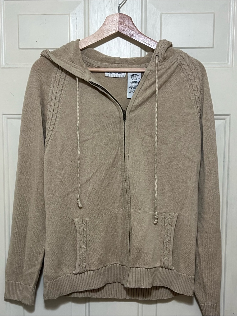 White Stag Tan Cable Knit Zip-Up Hooded Sweater Cardigan Size L 12/14